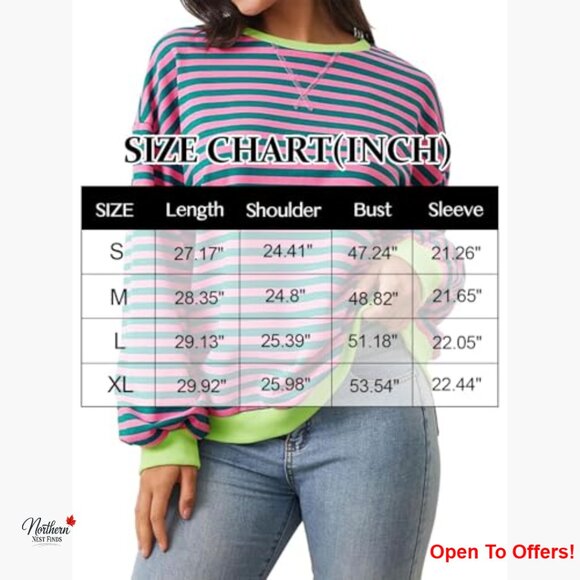 Cotton Striped Oversized Sweatshirt Long Sleeve Crewneck Pullover - Picture 6 of 7